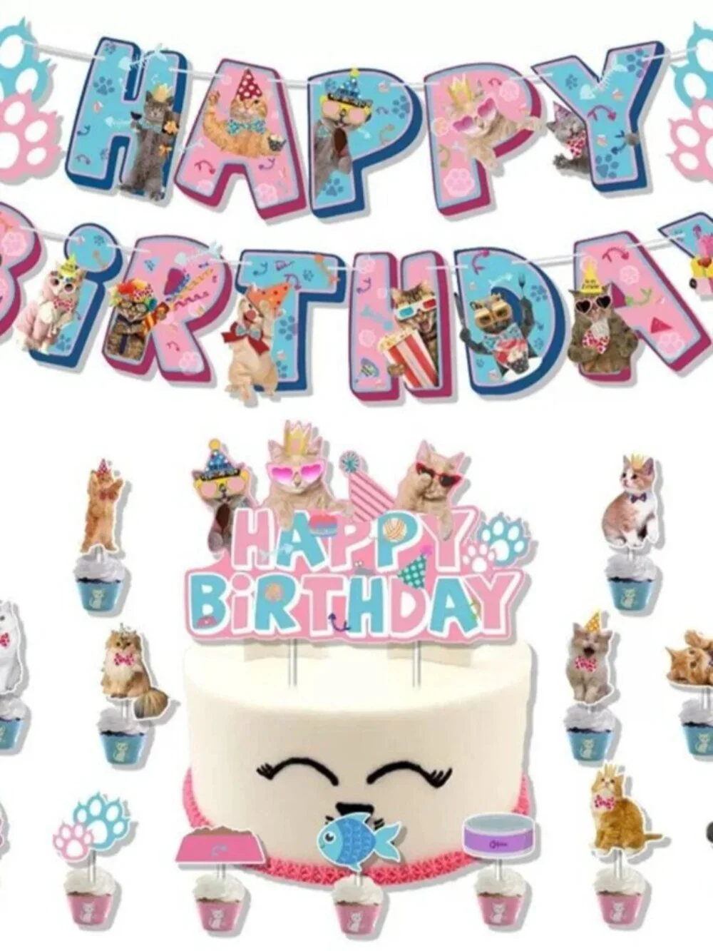 Cat Birthday Party Decorations Set – Pink and Blue Banner & Cupcake Toppers, Pet